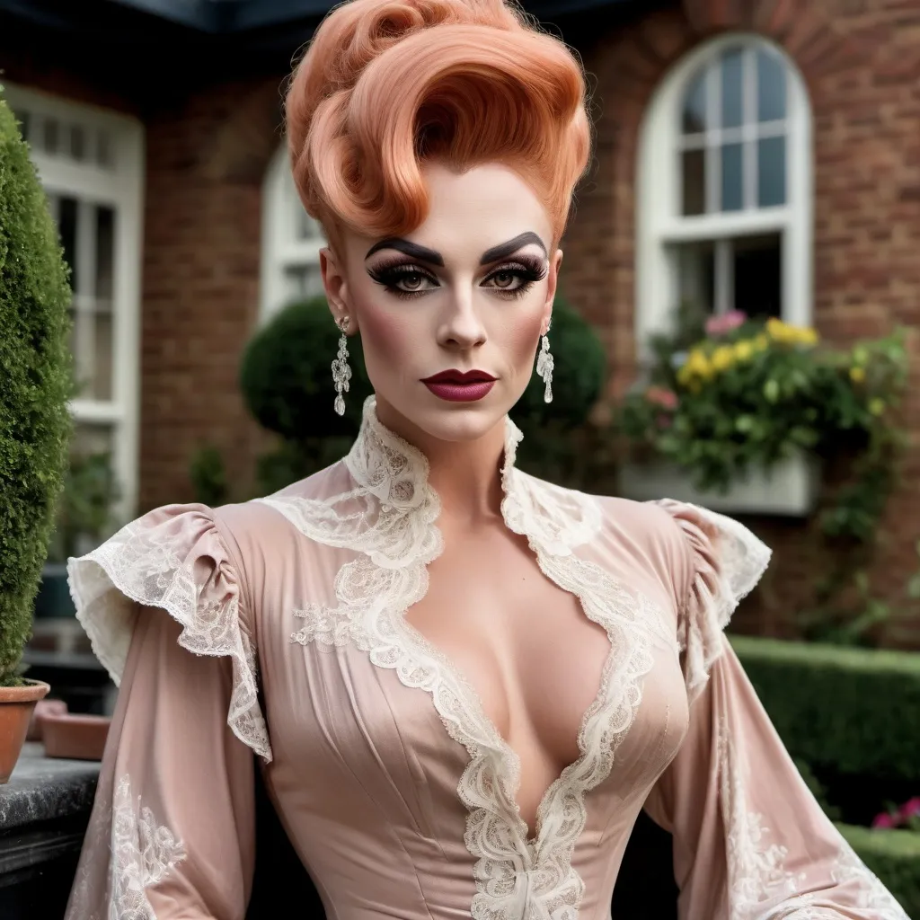 Prompt: Gorgeous muscular 25-year-old British drag queen ((strong masculine jawline and brow features)) wearing a tea-gown, year 1905. Garden patio. Lace. frills. realistic. pretty face