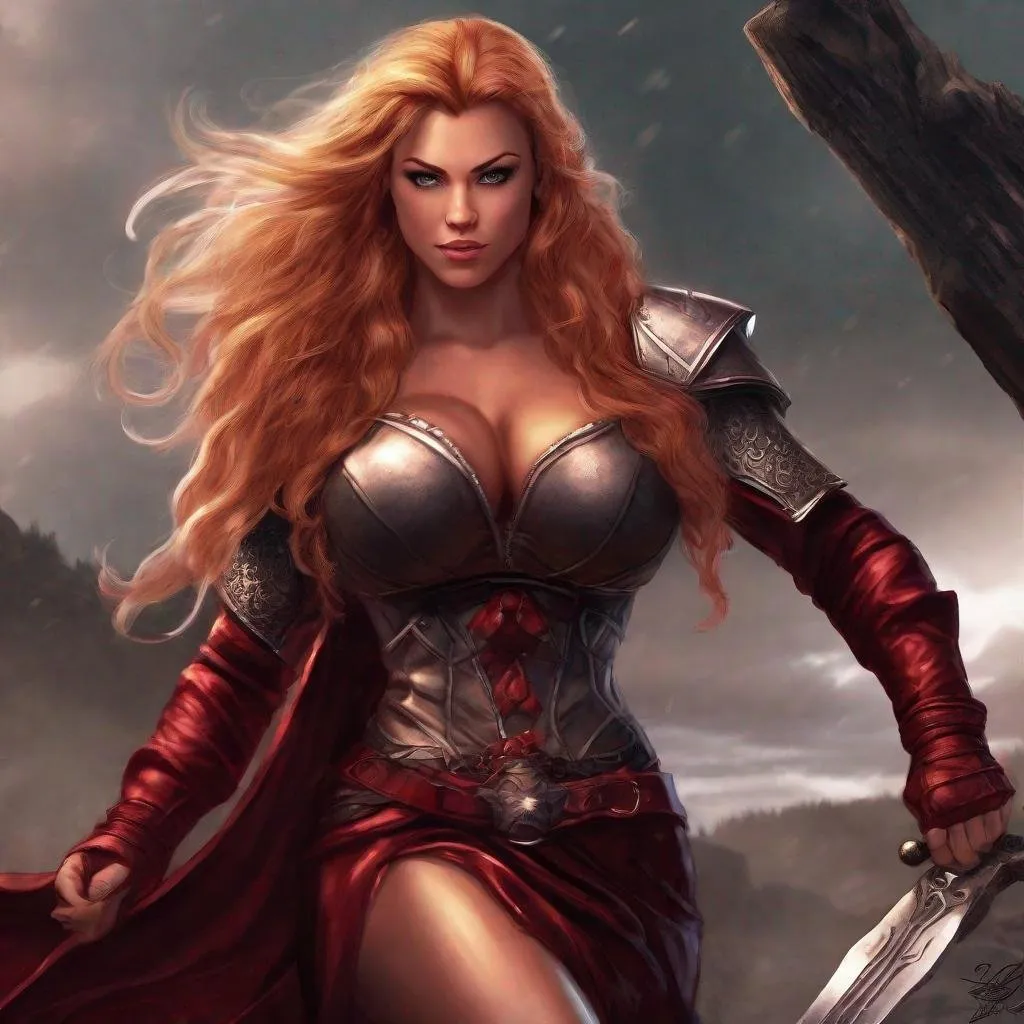 Prompt: Digital Art, gorgeous ultra-muscular 25-year-old viking goddess bodybuilder with huge busom and ridiculously long wavy strawberry-blonde hair, dark red gear, dark red clothes, subtle smile, dark red eyes, a dark red long-sleeve shirt, textured skirt down to knees, dark red pants, dark red armor, 8 inch stiletto high heel boots, dark red gear, unreal engine 64k octane, hdr, 3d lighting, full body, full armor