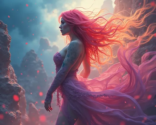 Prompt: (mesmerizing dreamscape), gorgeous muscular drag queen, vibrant, (streaming vibrant colors), surreal morphing shapes, fluid movements, seamless transitions, state of the art visuals, imaginative landscapes, enchanting atmosphere, captivating transformations, high depth, high resolution, ultra-detailed, abstract design, mesmerizing fluidity, otherworldly beauty.