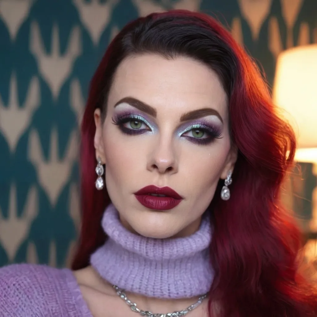 Prompt: Gorgeous muscular 35-year-old French drag queen with large busom and dark blonde hair, in a modern home, against a wall with wallpaper and furniture background, wearing long cable knitted angora mohair sweater , (extremely fluffy:1.8) angora mohair sweater, from side, looking at viewer, smile, (full lips:1.8), dark red lipstick, dark eyeliner, dark makeup, 8k, very detailed, green eyes, very detailed eyes,
source_real, raw, photo, amateur, french drag queen, Close-Set Eyes, [eyecolors violet], full lips, high cheekbones, weak receding chin, burgundy, lob, light blue, lip gloss, __15JeweleryMaterials__ __14Piercing__, large busom,  gorgerous, outdoor, portrait, , highly detailed, detailed skin, depth of field, film grain
(photorealistic) (bokeh) (intricate details) (cinematic lighting) (sharp focus)
