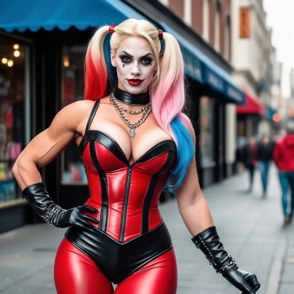 Prompt: Gorgeous ultra-muscular 25-year-old drag queen bodybuilder, dressed as Harley Quinn, long muscular legs, large busom, walking down the high street, choker necklace, corset, 8 inch stiletto thigh-high high heel boots, detailed clothing, realistic, natural lighting, full body, bodybuilder, full length, hi-res, 4k hd. Ultra-realistic, ultra-detailed.