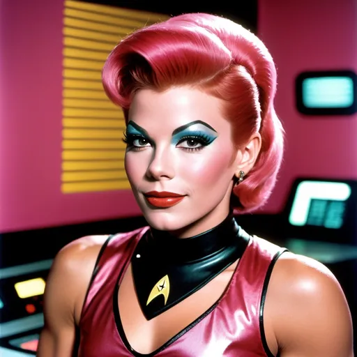 Prompt: Young William Shatner dressed up as a Gorgeous ultra-muscular 25-year-old Czechian drag queen, Star Trek Uniform, harness:1.4, full lips, short swept over pink hair, heavy mascara, dark eyeshadow, dark red lipstick, Bridge Command Center Background, instagram pose, smiling, raw photo, sharp focus on eyes, film grain, magazine cover, high quality, clothing details, fine fabric, full body, art student, (official art, extremely detailed CG unity 8k wallpaper), beautifully detailed eyes, detailed fine nose, detailed fingers, (8k), (best quality), ( masterpiece:1.2), (realistic), ( photorealistic:1.57), extremely detailed handsome gentlebeing, couture, magazine cover, textless, high quality, clothing details, fine fabric, full body, 8k, cinematic lighting (high detailed skin:1.1) ,Enhance,Golden Inspiration