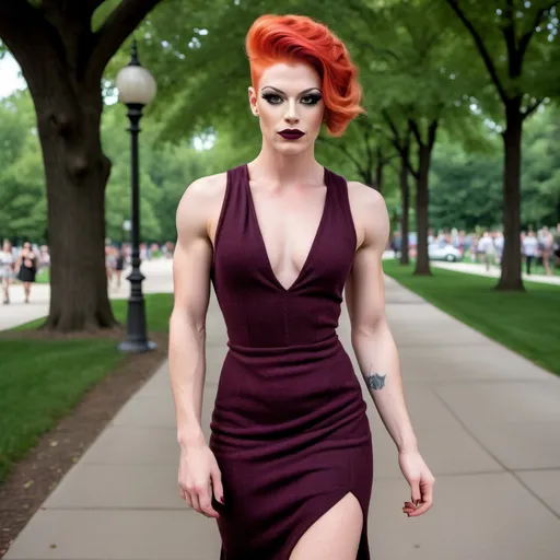 Prompt: A gorgeous muscular red-headed 25-year-old Czechian drag queen with a cute platinum blonde swept over pixie hair, with  strong masculine facial features,  dark eyeshadow and dark lipstick,  wearing a Knit Pleat-Back Dress, and 8 inch stiletto high heel shoes,  walking through Grant Park in the summer.