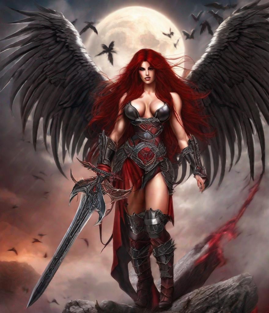 Prompt: Demonic Angel, gorgeous ultra-muscular 25-year-old Czechian bodybuiler with huge busom and ridiculously Long dark red Hair, long muscular legs, Demonic Eyes, Angel WIngs, Full Body, Armor, 8 inch stiletto high heel armour boots, Legendary Sword, Holy, Blood, Raven and Moon in Background