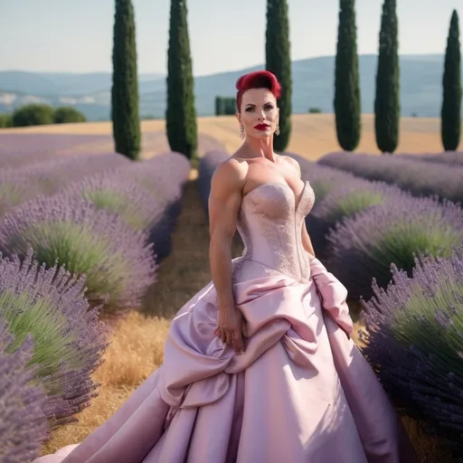 Prompt: A gorgeous, muscular, 35-year-old, French, 
drag queen bodybuilder (dark red matte lipstick, big busom) wearing an elegant pink princess wedding gown, standing gracefully in a vast lavender field in Provence, France. 