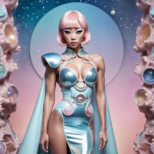 Prompt: Gorgeous muscular 25-year-old Japanese drag queen bodybuilder with large busom, 
wearing (Miu Miu Space dress), elegant fashion design, futuristic style, playful shapes, ethereal textures, celestial colors, muted pastel tones contrasted with metallic accents, detailed embellishments, floaty silhouette, dreamy atmosphere, high fashion photography, ultra-detailed, captivating backdrop of a starry night sky, surrounded by cosmic elements, (4K), (trendy and chic).