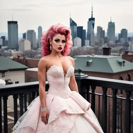 Prompt: Imagine James Dean dressed as a Gorgeous ultra-muscular 25-year-old Finnish drag queen bodybuilder with ridiculously long wavy pink updo hairstyle wearing an elegant white wedding dress, standing on the balcony of her luxurious mansion overlooking the city skyline. Dark smoky eyeshadow,  heavy eyeliner & mascara, and dark red lipstick. The gown features delicate lace detailing along its bodice and halter neckline, complemented by sheer sleeves that accentuate her figure's curves. Her pose is confident yet graceful as she gazes out at the horizon, embodying grace and elegance in timeless beauty in the style of a classic painting