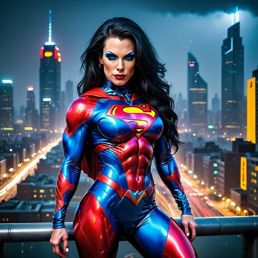 Prompt: Gorgeous ultra-muscular 35-year-old Danish drag queen bodybuilder dressed as Super Man Cyberpunk with long straight shiny black hair, superman suit, and 8 inch stiletto high heel boots, futuristic city skyline, neon lights, vibrant colors, sleek metallic suit, glowing accents, intense expression, night setting, dynamic pose, urban environment, cybernetic enhancements, cinematic depth, high tech gadgets, atmospheric fog, gritty details, ultra-detailed, 4K.