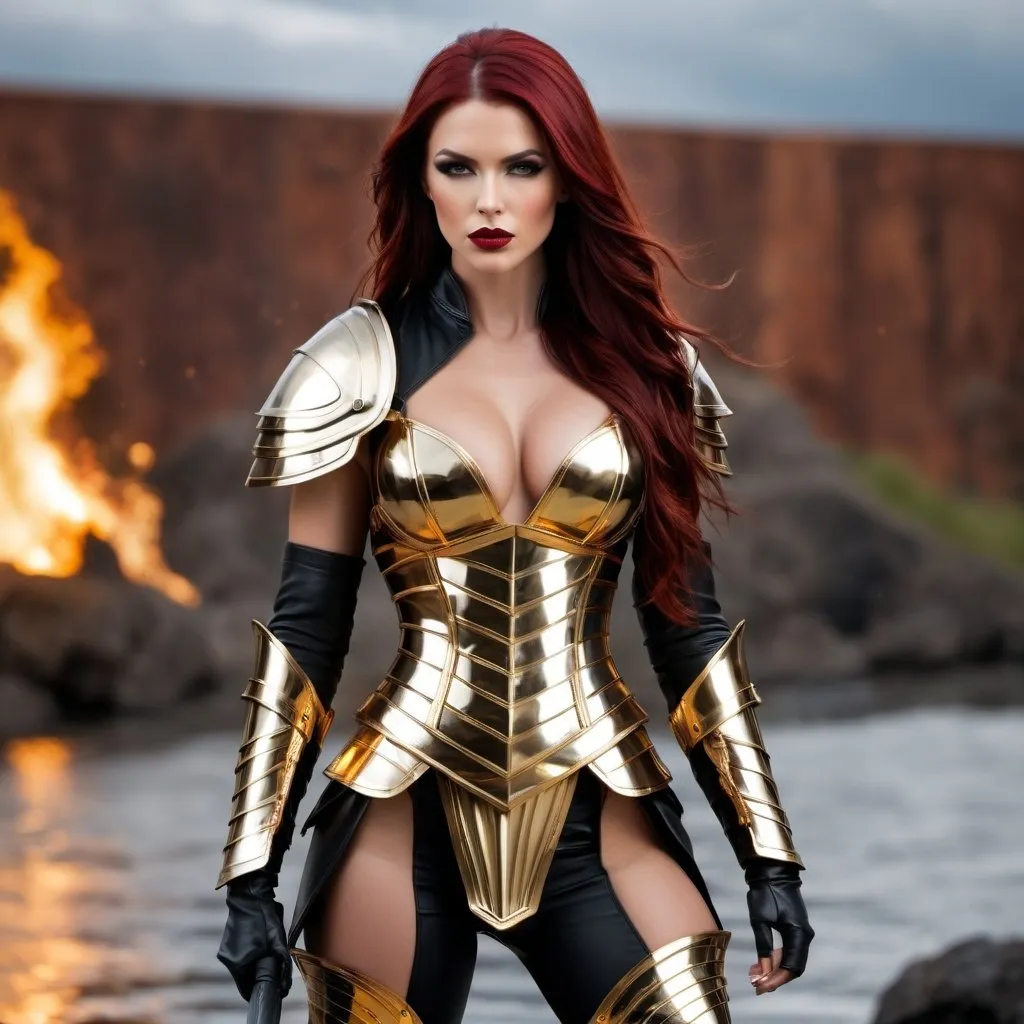 Prompt: Tall, gorgeous, ultra-muscular muscular, 25 year old goddess, (masterpiece:1.2, best quality:1.2, high quality, highres:1.1), (Best Quality), ((Photo Realistic)), (Full body portrait), ((Professional photography)), Norwegian warrior queen, layered dark red hair, black eye shadow, dark red lips, huge busom, intricate armored battle dress, thigh-high 8 inch stiletto high heel boots, ((intense metal reflections)), outdoors, gold, angelic armor and leather, professional lighting, blurry background, soft focus