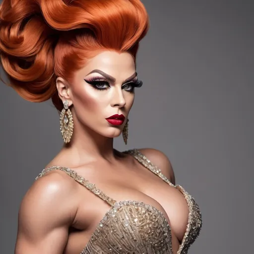 Prompt: A fierce, gorgeous, very muscular, 28-year-old, caucasian, red-headed Swedish drag queen (big busom) in a custom-made gown, with dramatic eyelashes and a confident pose, ready to slay on the runway