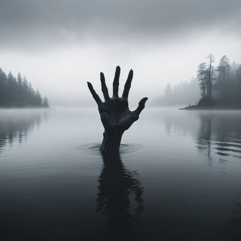 Prompt: A foreboding lake shrouded in mist with demonic hands reaching up from the waters.