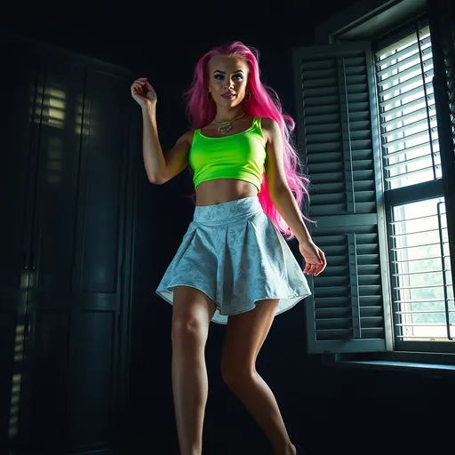 Prompt: 64k , high resolution ,dark colors ,digital photography, glamour photography , art photography , professional , dark room , window with opened shutters ,sunlight shines the woman through the window  , a gorgeous ultra-muscular 25-year-old Finnish drag queen with athletic physique dancing with a content look on her face , long pink hair, neon green sleeveless crop top shirt , detailed white floral short circle skirt ,necklace , legs , 8 inch stiletto high heel shoes, close up ,drama , light and shadow photography , low angle shot