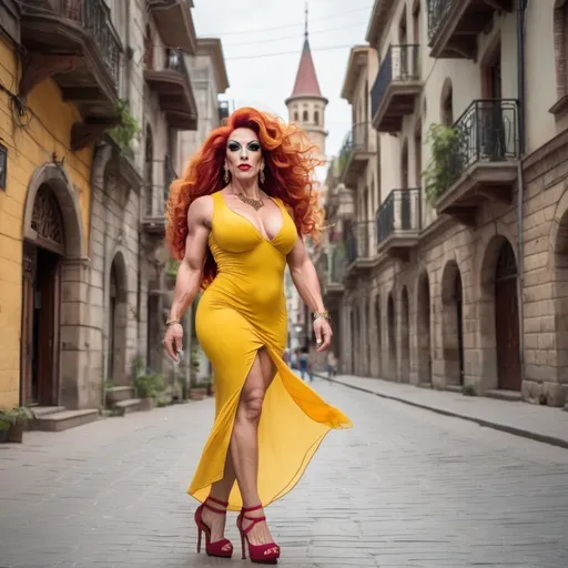 Prompt: A gorgeous muscular 35-year-old Turkish drag queen bodybuilder with fair skin, huge busom, and curly red hair, wearing a vibrant yellow summer dress and 8 inch high heel sandals, exploring the streets of a historic city, with old buildings in the background.