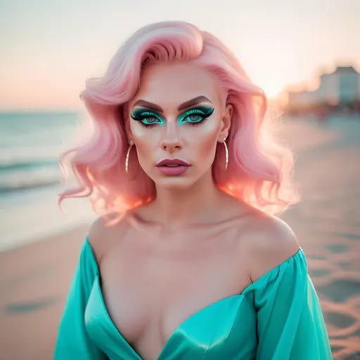 Prompt: captivating portrait, beautiful stylish 25-year-old Polish drag queen (with strong masculine jawline and brow facial features) with big busom, in a stunning neon teal dress on the beach at sunrise, romantic chic minimalism, surrealistic realism, petite, Wes Anderson aesthetic, (true summer color palette), long shiny pastel pink hair, pretty hypnotizing eyes, rosy cheeks, glistening skin, glossy plump lips, dark eyeshadow and dark red lipstick, epic storytelling, high contrast, highly detailed, crisp, by Volegov by Razumov, lowbrow art