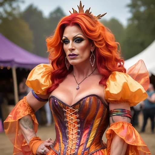 Prompt: Gorgeous muscular 35-year-old British drag queen (strong masculine  jawline and brow features) with burnt orange hair wearing a fire fairy Renaissance fair outfit, gauzy and iridescent fabric, iridescent billowing layered gypsy dress and cinched corset, flowy sleeves, shiny translucent iridescent red orange yellow
