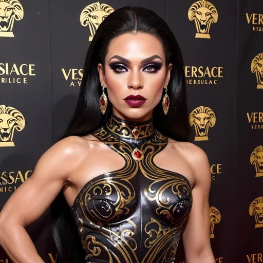 Prompt: Gorgeous elegant muscular 25-year-old drag queen with long straight shiny black hair, wearing a beautiful Versace designed dress and 8 inch stiletto high heel shoes,  dark smokey eye shadow, Dark red lipstick.  Walking the red carpet.