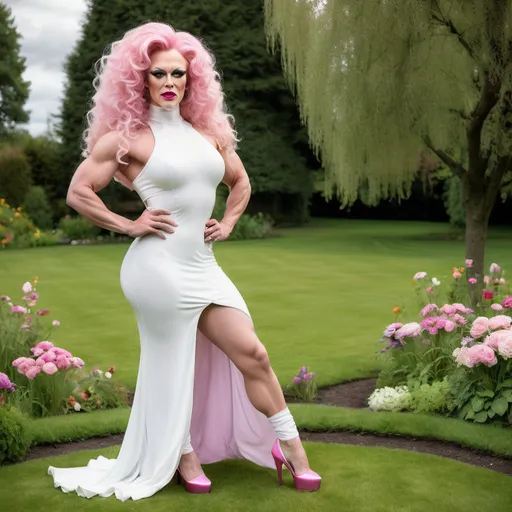 Prompt: Greg Davies dressed up as a gorgeous 28-year-old Finnish drag queen bodybuilder in  a  long white Empire Dress with a high neck line and 8 inch high heel shoes, standing on the green grass, a beautiful expressive face, curly pink hair,  full-length, in an amazingly beautiful garden,  exactly beautiful photo  , highly photo, full-length photo, 64k hi-res digital realistic photography.