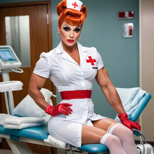 Prompt: Gorgeous muscular drag queen bodybuilder dressed as a nurse, age 25, long very dark orange tight updo hair, WHITE nurses uniform, WHITE nylon stockings, 8 inch stiletto high heel shoes sitting in a emergency room in a hospital, showing legs