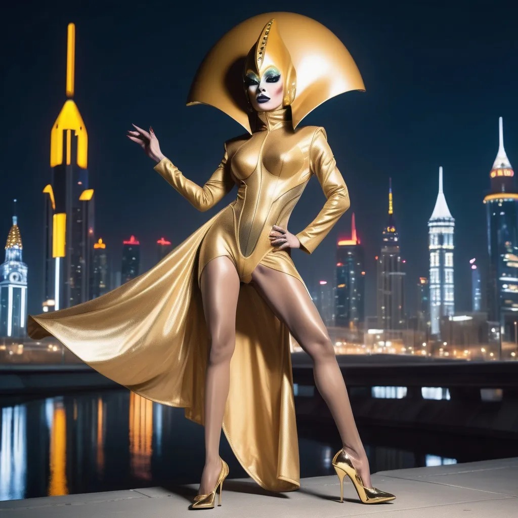 Prompt: Gorgeous alien drag queen wearing golden robes and 8 inch stiletto high heels. Posing with a futuristic city background.