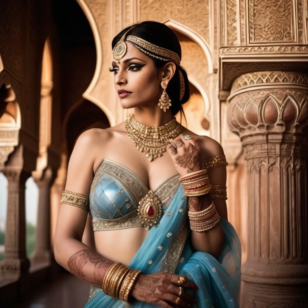 Prompt: A breathtakingly beautiful, muscular 35-year-old Indian drag queen bodybuilder princess from ancient times, standing gracefully in the majestic palace of the Taj Mahal. She wears an opulent, traditional Mughal-era royal outfit, intricately embroidered with gold and encrusted with precious gemstones. Her flowing silk dupatta shimmers under the soft moonlight, casting a mystical glow. Delicate henna patterns adorn her hands, and exquisite jewelry—bejewelled maang tikka, heavy gold necklaces, and shimmering bangles—enhance her regal elegance.

The palace is bathed in a dreamy, ethereal light, with the marble reflecting hues of silver, gold, and soft pastels. Floating flower petals drift through the air, carried by a gentle, unseen breeze. The atmosphere is infused with an enchanting, fairytale-like glow, as if the scene exists between dreams and reality. Wisps of golden mist swirl around her feet, and the sky above is illuminated by a crescent moon and twinkling stars. In the background, the silhouette of the Taj Mahal stands majestically, its domes glowing under the celestial light. The entire scene radiates an aura of romance, mystery, and divine elegance, as if touched by the gods themselves.