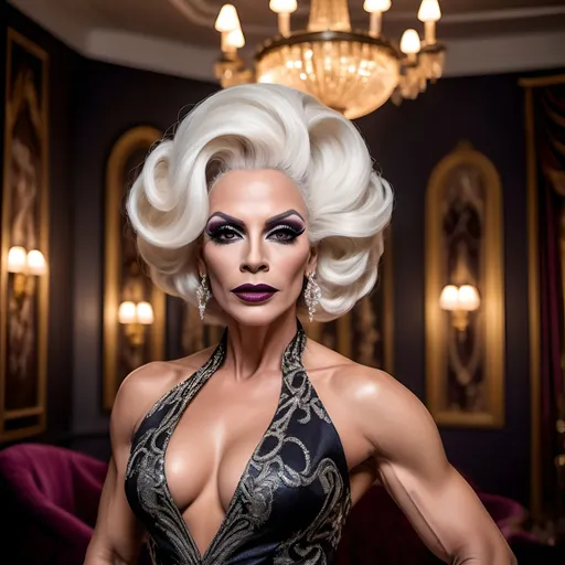 Prompt:  Gorgeous muscular 45-year-old Portuguese drag queen with white updo hair, dark eyeshadow,  dark lipstick, wearing a (elegant dress), (stylish fabric), flowing design, intricate details, luxurious texture, vibrant colors, warm ambiance, (graceful draping), exquisite embellishments, soft lighting, enchanting atmosphere, rich patterns, HD, ultra-detailed, stunning visual composition, ideal for fashion showcase, inviting elegance