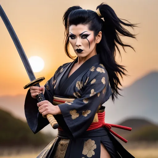 Prompt: A gorgeous muscular 35-year-old Japanese drag queen Samurai (dark eye makeup, dark lipstick, big busom, and dark black hair) wearing a traditional ancient Samurai Yorkie and holding a katana in each hand in a battle stance. 13th century Japan at sunset.