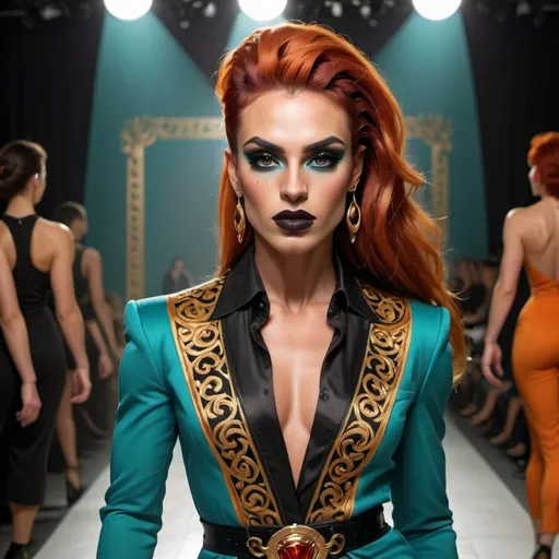 Prompt:  (A gorgeous muscular 25-year-old Macedonian drag queen (masculine jawline and brow features) with dark eyeshadow, 
dark lipstick,  and dark orange hair wearing a teal Versace), fierce pose, dramatic (red and black color palette), high-fashion editorial style, luxurious fabric textures, sleek and chic outfit details, vivid presence, modern ambiance, strong emotional intensity, cinematic lighting, backdrop of elegant high-fashion runway, (ultra-detailed, 4K).