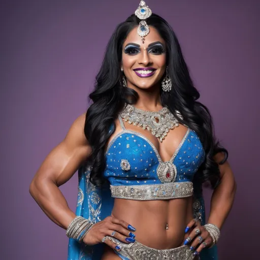 Prompt: A gorgeous muscular 25-year-old Indian British drag queen bodybuilder with large busum and a stunning and confident appearance. She has a radiant smile on her face, exuding charm and positivity. Her attire is a traditional outfit in a vibrant blue color, richly detailed with intricate embroidery and embellishments. Her long, silky black hair cascades down her back, framing her beautiful face. Her large, expressive eyes, adorned with subtle makeup, draw attention with their mesmerizing depth. Her sharp, clear masculine facial features are illuminated in soft, flattering light, showcasing every detail with clarity. Her well-toned, graceful physique resembles that of a goddess, reflecting both strength and elegance. The background is softly blurred to emphasize her presence and create a captivating focus on her beauty and aura