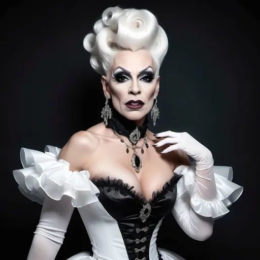 Prompt: elegant gorgeous muscular mature vampire drag queen in white and black tones and victorian dress