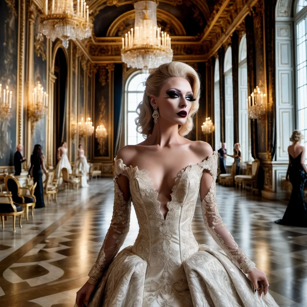 Prompt: Design a modern glamorous wedding dress worn by a real life gorgeous German drag queen model dress to be daring and glamorous and elegant, dark eye makeup, dark lipstick.  Posing in the Palace of Versailles.