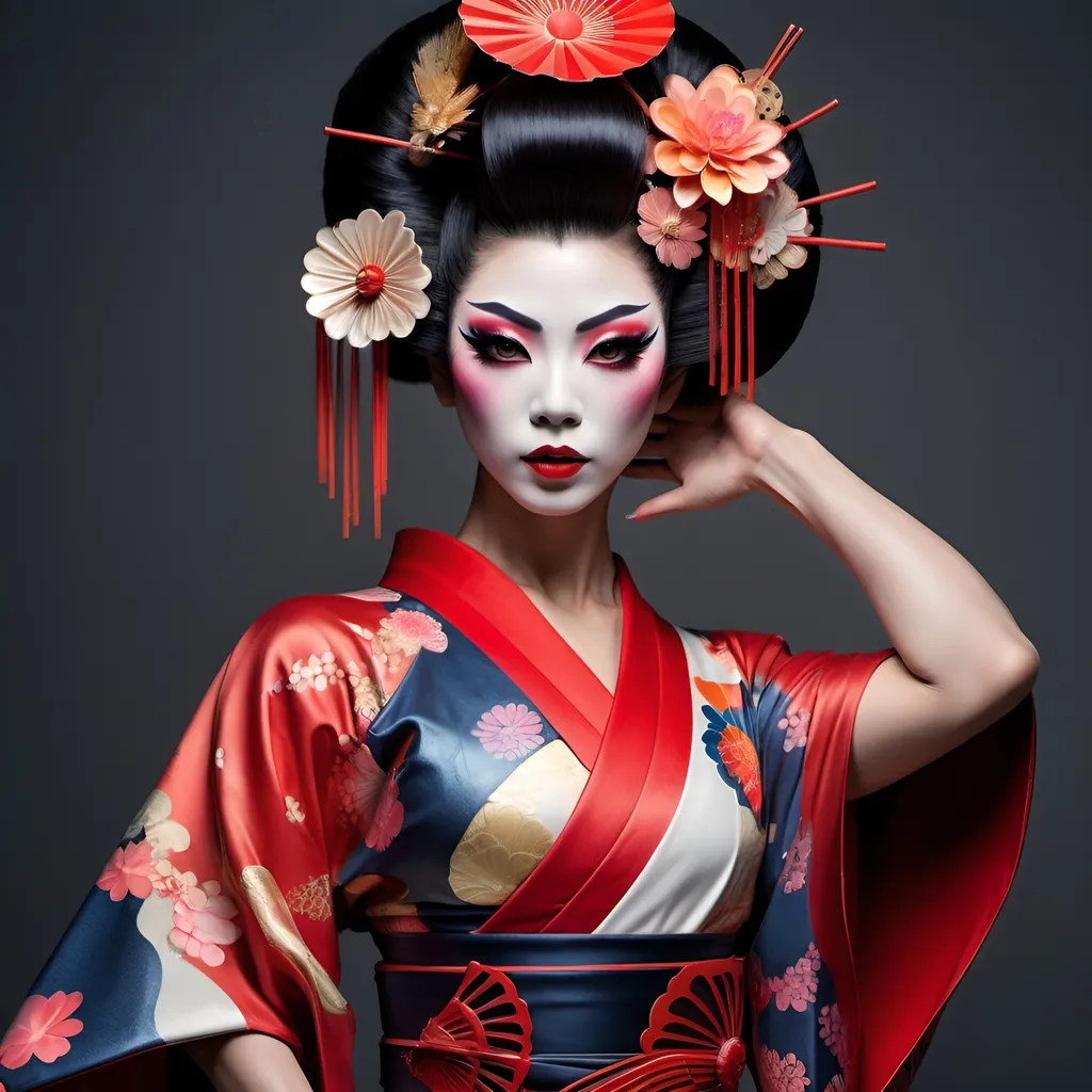 Prompt: Gorgeous muscular 25-year-old Japanese drag queen dressed up as a Avantgarde geisha, (innovative styling), bold colors, intricate patterns, striking makeup, (dramatic hairstyles), seamless blend of tradition and modernity, (elegant pose), atmospheric background with abstract elements, captivating and surreal vibe, (highly detailed), enchanting yet edgy aesthetic, (4K quality), intriguing juxtaposition of vintage and contemporary.