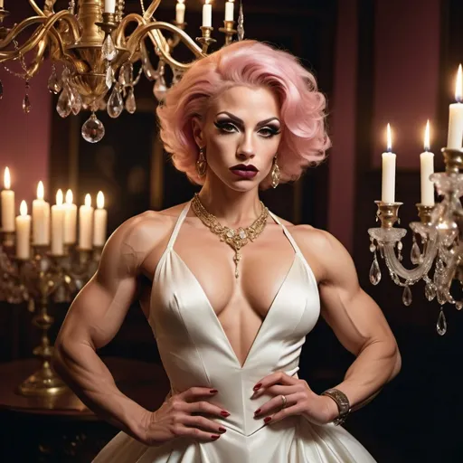 Prompt: a gorgeous ultra-muscular 25-year-old Czechian drag queen bodybuilder in a white dress and gold jewelry, short sassy pink hair dark eye shadow and dark red lipstick, and a chandelier with candles in the background, Annie Leibovitz, romanticism, elegance, a still life