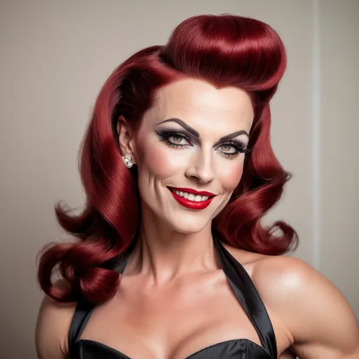 Prompt: Gorgeous ultra-muscular 35-year-old Swedish drag queen (masculine jawline and brow features) with dark red hair, dark eyeshadow,  and dark lipstick dressed in a 1950s housewife dress, pinup hostess flirty smile head back small wave, 1950s living room