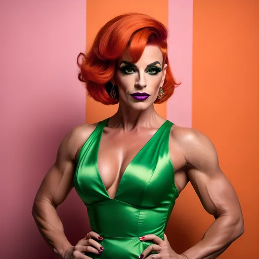 Prompt: A gorgeous muscular 35-year-old French drag queen bodybuilder with short sassy dark orange hair, dark eyeshadow, and dark lipstick, wearing (Spritz Aperol dress)  a fashionable dress inspired by the vibrant hues of the classic cocktail, (bright green and vivid pink colors), elegant and stylish design, summery vibe, refreshing aesthetic, delicate fabrics that mimic liquid flow, ambient lighting casting warm glows, ultra-detailed, 4K quality, playful and lively atmosphere, ideal for summer outings or gatherings, showcasing a sense of joy and celebration.