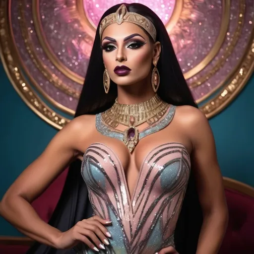 Prompt: elegant fancy Gorgeous, very muscular, suntanned, 25-year-old, suntanned, Egyptian drag queen (with strong masculine facial features, dark lipstick, huge busom, dark hair), dressed in a luxurious gown adorned with shimmering sequins,classical makeup with bold lips, graceful pose, delicate jewelry glistening under soft ambient light, whimsical and dreamy background filled with floral patterns and pastel colors, showcasing sophistication and charm, ultra-detailed, high quality, 4K resolution, captivating atmosphere