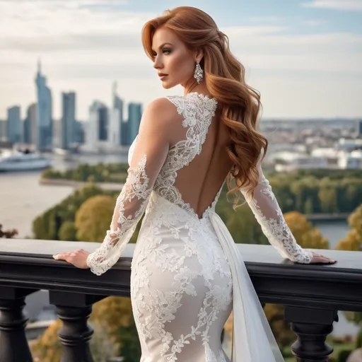 Prompt: Gorgeous ultra-muscular 25-year-old Finnish goddess bodybuilder with huge busom and ridiculously long wavy auburn hair wearing an elegant white wedding dress, standing on the balcony of her luxurious mansion overlooking the city skyline. She has soft makeup and hair styled into loose waves with bangs. The gown features delicate lace detailing along its bodice and halter neckline, complemented by sheer sleeves that accentuate her figure's curves. Her pose is confident yet graceful as she gazes out at the horizon, embodying grace and elegance in timeless beauty in the style of a classic painting