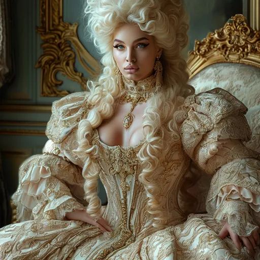 Prompt: No flaws, Full body Rococo era 4k HD digital photograph of a gorgeous 25 year old Icelandic drag queen bodybuiler, 4k hd digital photography, luxurious dress, elaborate hairstyle, huge busom, long muscular legs,  8 inch stiletto high heel shoes, ornate jewelry, soft colors, soft and diffused lighting, high quality, detailed brushwork, elegant and refined, opulent setting, intricate lace details, classic beauty, historical art, Rococo style, delicate features, aristocratic charm, full body photography, hyper-realistic, hyper-realistic, flawless photo