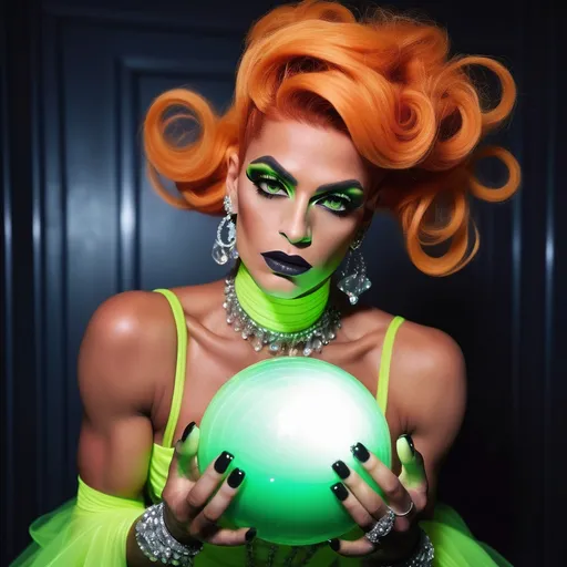 Prompt: a gorgeous muscular 25-year-old French drag queen (with masculine facial features) with dark eyeshadow,  dark lipstick, and orange updo hair, wearing a neon green Coco Chanel dress holding crystal ball filled with lightning, Ayshia Taşkın, private press, hourglass slim figure, a pastel