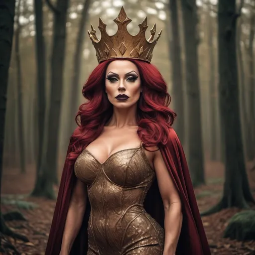 Prompt: a gorgeous muscular 35-year-old British drag queen bodybuilder princess with big busom, dark red matte lipstick, and burnt irange hair wearing a  bronze and gold gown standing in a forest with a crown on her head and a cloak over her head, Dirk Crabeth, gothic art, fantasy style, a storybook illustration