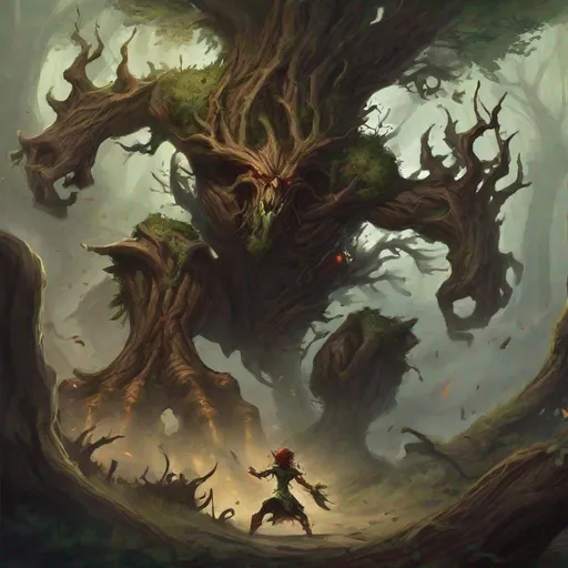 Prompt: Evil demonic treant attacking a brave warrior queen.