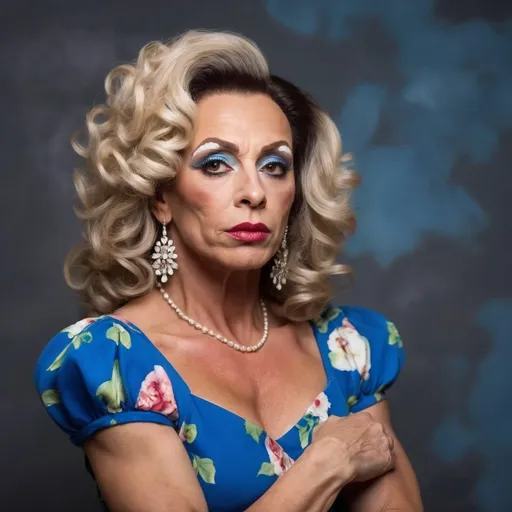 Prompt: portrait of a gorgeous muscular mature Russian drag queen bodybuilder with curly hair. She is wearing a blue dress with a floral pattern and her hair is styled in loose curls. The woman is sitting with her chin resting on her hand and is looking off to the side with a thoughtful expression on her face. The background is dark and cloudy, with small white dots scattered throughout. The overall mood of the image is contemplative and dreamlike.