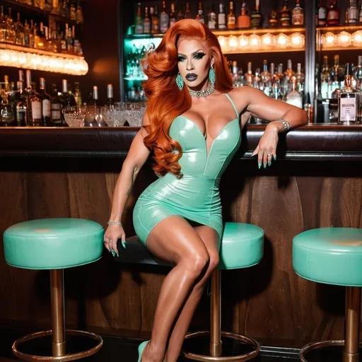 Prompt: Gorgeous ultra-muscular 21-year-old Czechian drag queen bodybuilder with huge busom and long styled burnt orange hair, wearing a mint green short dress and dark lipstick, smokey eyes and 8 inch stiletto high heel shoes sitting at a luxurious bar drinking a cosmopolitan.