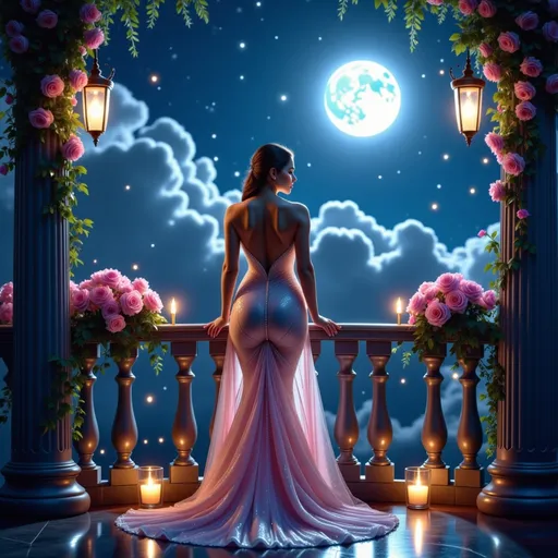 Prompt: A dreamy and ethereal scene of a gorgeous muscular 35-year-old French drag queen bodybuilder (with big busom) standing gracefully on an ornate balcony bathed in soft moonlight, waiting for Romeo. She wears a flowing, shimmering Renaissance gown that glows subtly, as if woven with stardust. The balcony is adorned with cascading ivy, enchanted roses that emit a gentle golden glow, and delicate fireflies dancing in the air. The night sky is a deep twilight blue, filled with twinkling stars and a luminous full moon. Wisps of magical mist swirl around, reflecting hues of silver and lavender, while faint celestial figures seem to watch over her from above. The atmosphere is infused with an otherworldly, fairytale-like romance, as if the scene exists between dreams and reality