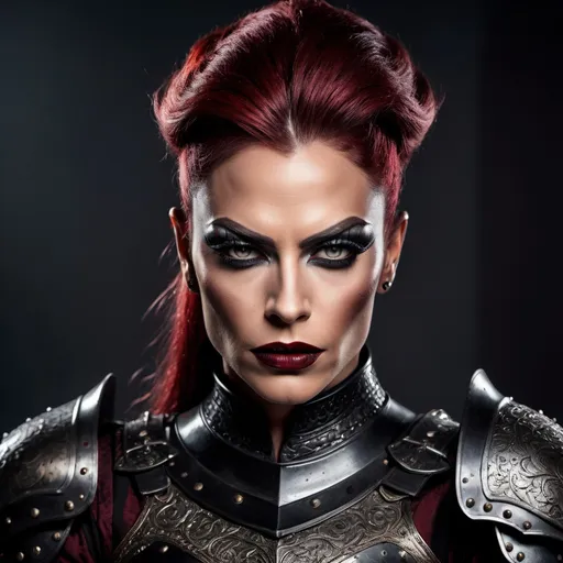 Prompt: A gorgeous muscular 35-year-old British drag queen (medieval knight), (black armor), gripping sword in hand, fierce expression (strong masculine jawline and brow features), dramatic pose, intricate armor details, dark and moody color palette, dark eyeshadow and dark red lipstick, cinematic lighting, highly detailed, stormy background, strong and powerful presence, evokes a sense of bravery and strength, captivating and intense atmosphere, ultra-detailed, 4K resolution, ready for battle. Full body view