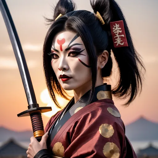 Prompt: A gorgeous muscular 35-year-old Japanese drag queen Samurai (dark eye makeup, dark lipstick, big busom, and dark black hair) wearing a traditional ancient Samurai Yorkie and holding a katana in each hand in a battle stance. 13th century Japan at sunset.