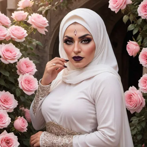 Prompt: (Gorgeous muscular 35-year-old Afghani drag queen bodybuiler with large busom, dark eye makeup, and dark lipstick (with strong masculinefacialfeatures)) standing amidst blooming pink roses, her face subtly veiled in soft, golden light creating an ethereal effect, wearing a pristine white hijab that contrasts gently with the vibrant petals. The atmosphere exudes serenity and grace, surrounded by delicate pink hues, capturing an enchanting and mystical ambiance. The quality is ultra-detailed, ensuring depth and clarity in this spiritually uplifting scene.