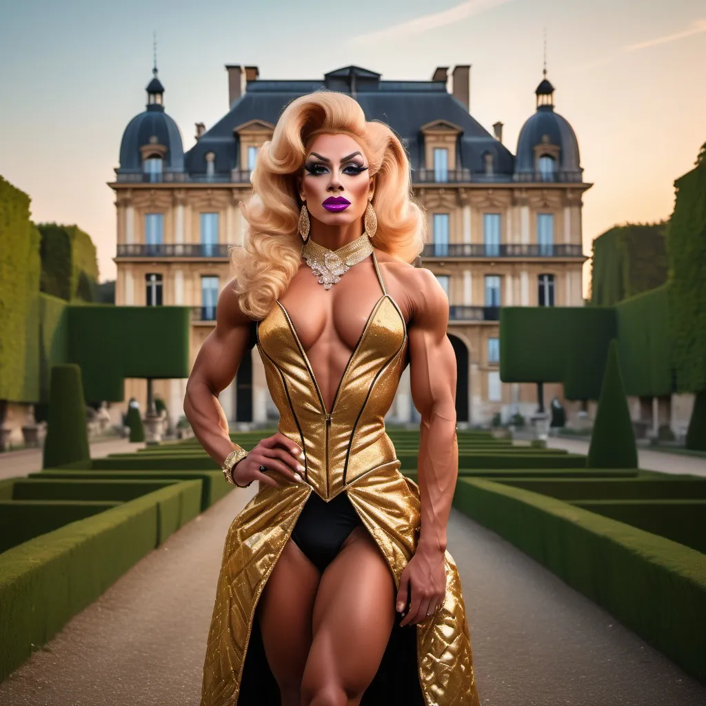 Prompt: 20st century gorgeous ultra-muscular 25-year-old Czechian drag queen bodybuilder dressed in 1980s fashion clothes and 8 inch stiletto high heel shoes posing in 1700s France.