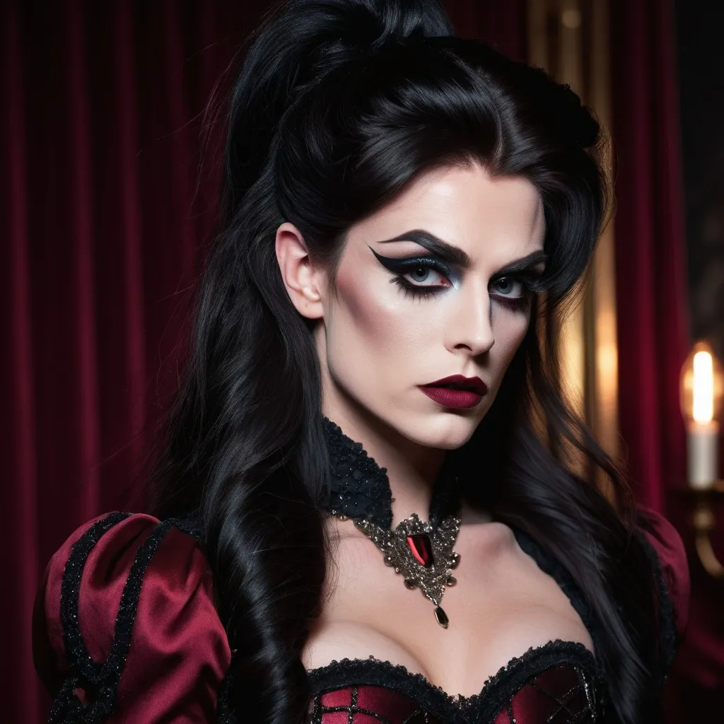 Prompt: Gorgeous muscular 25-year-old Czechian drag queen ((masculine jawline and brow features)) with dark eyeshadow,  heavy mascara,  dark red lipstick,  and long dark hair, superreal, no contrast, soft shadows, sharp focus, full body shot, dark Victorian clothes,dramatic lighting, bright color tones