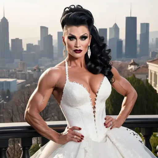 Prompt: Imagine Dolph Lundgren dressed as a Gorgeous ultra-muscular 25-year-old drag queen bodybuilder with ridiculously long wavy black updo hairstyle wearing an elegant white wedding dress, standing on the balcony of her luxurious mansion overlooking the city skyline. Dark smoky eyeshadow,  heavy eyeliner & mascara, and dark red lipstick. The gown features delicate lace detailing along its bodice and halter neckline, complemented by sheer sleeves that accentuate her figure's curves. Her pose is confident yet graceful as she gazes out at the horizon, embodying grace and elegance in timeless beauty in the style of a classic painting