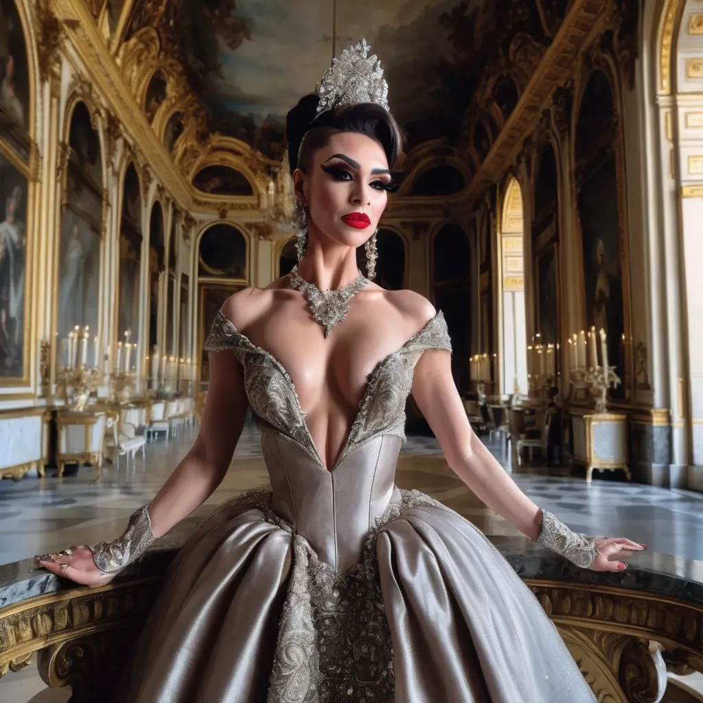 Prompt: Design a modern glamorous wedding dress worn by a real life gorgeous muscular 35-year-old Turkish drag queen ((strong masculine jawline and brow features)) model dress to be daring and glamorous and elegant, dark eye makeup, dark lipstick.  Posing in the Palace of Versailles.